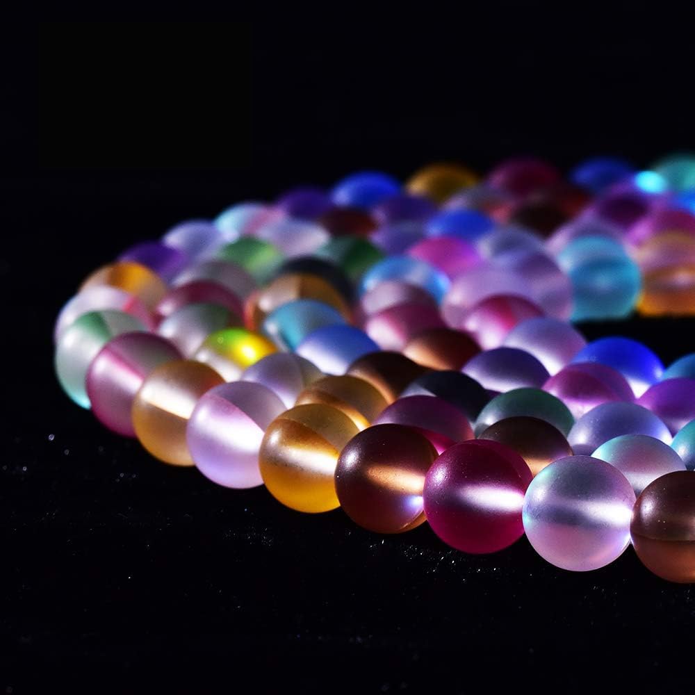 Asingeloo 48PCS 8mm Natural Coloful Mystic Aura Quartz Gemstone Frosted Matte Titanium Rainbow Round Loose Beads 15 inch Full Strand Crystal Healing Power Quartz