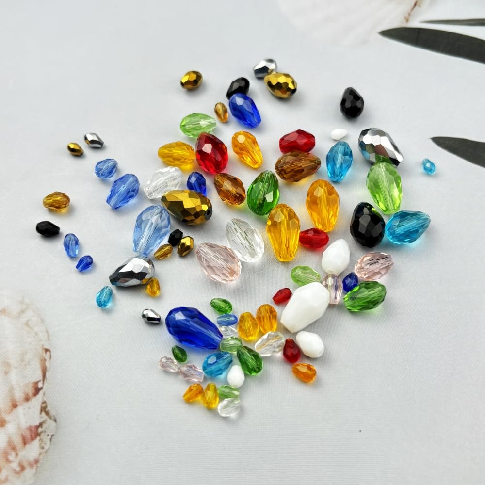 Xinhongo 340pcs Teardrop Crystal Glass Beads 3x5mm 4x6mm 6x8mm 8x12mm 10x15mm Vertical Hole Faceted Glass Spacer Beads for Necklace Bracelet Earrings DIY Jewelry Crafts(Silver)