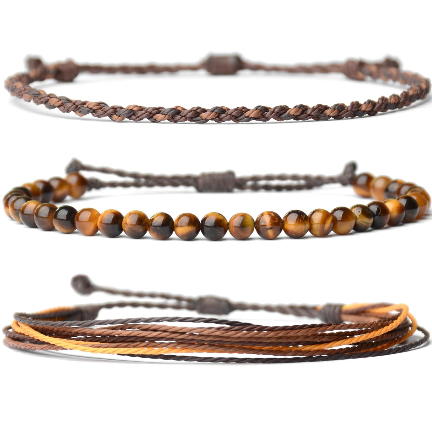 Handmade Natural Stone Beaded Healing Bracelet Gift for Men Adjustable Rope String Bracelet (Tiger Eye(Bright), Adjustable)
