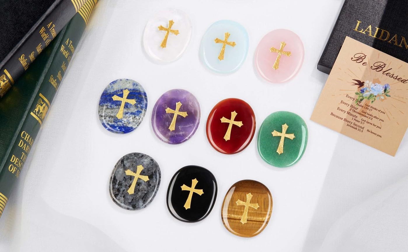 LAIDANLA Red Agate Cross Engraved Healing Crystal Worry Stones for Pray Faith Anxiety Relief Oval Palm Stone Polished Natural Crystal Gifts