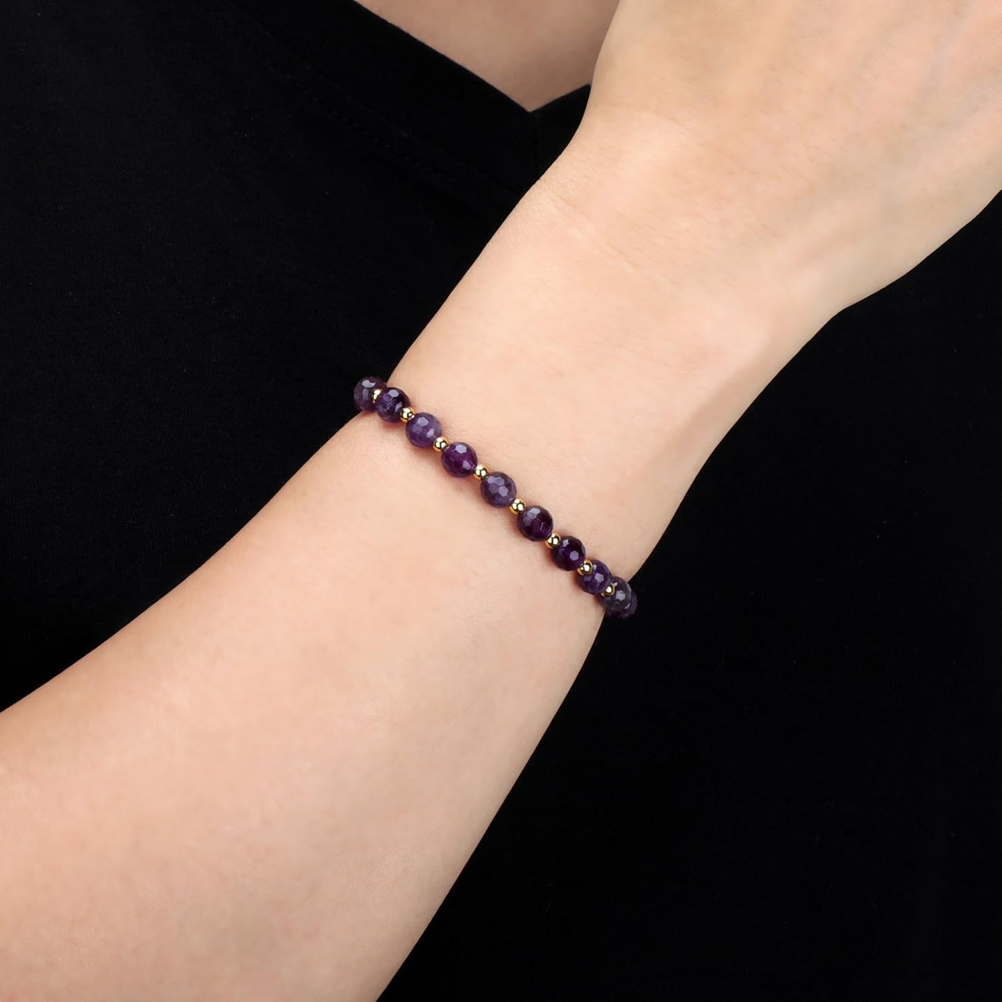 QOGIR Amethyst - Stone of Calmness - 14K Gold Plated Beads Natural Gemstone Stretch Elastic Dainty Healing Beaded Bracelets Gifts 6mm