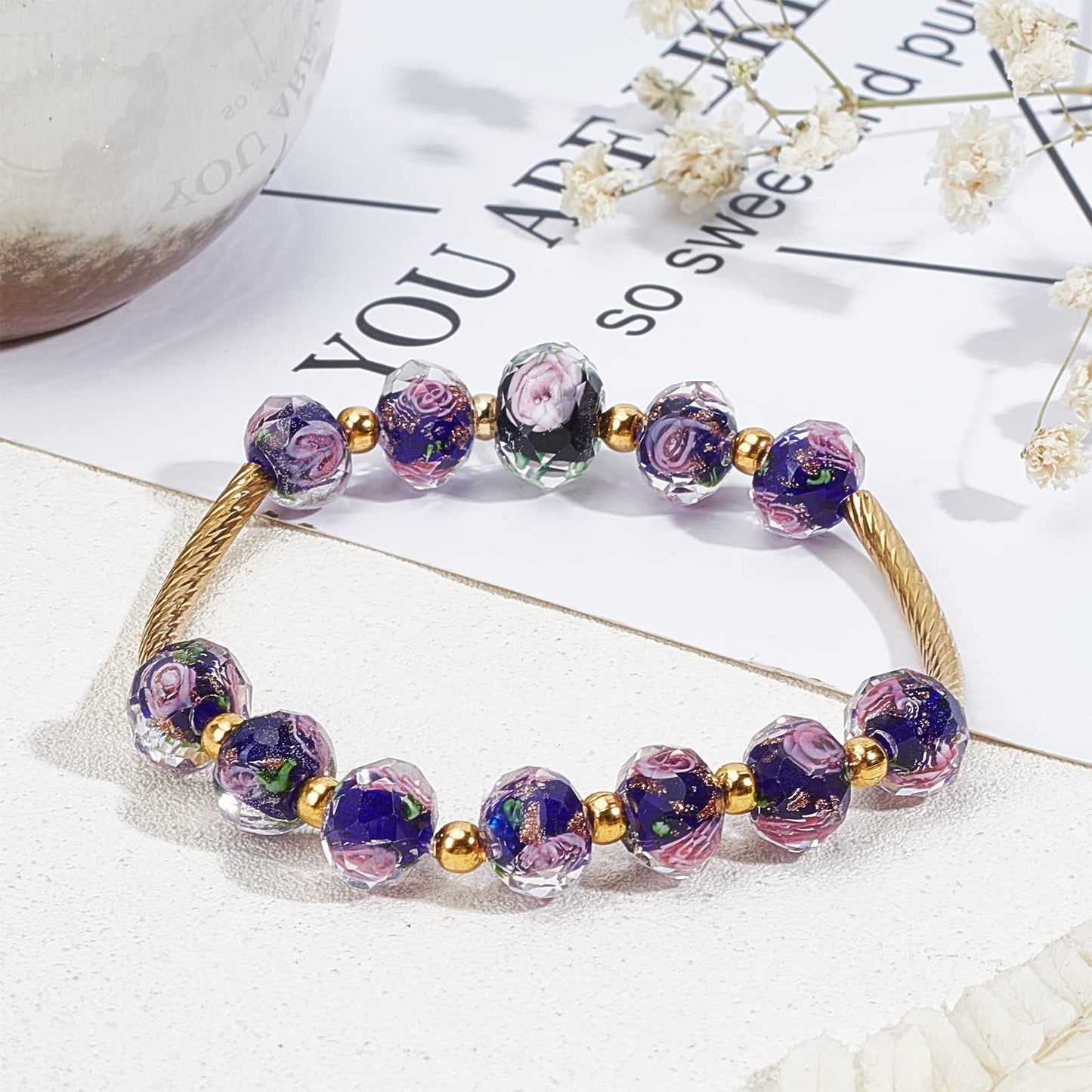 PH PandaHall 60pcs 8~10mm Midnight Blue Rose Lampwork Beads Gold Sand Glass Beads 2mm Hole Flower Glass Beads Floral Handmade Lampwork Beads Round Loose Beads for Rosary Making Jewelry Craft Making