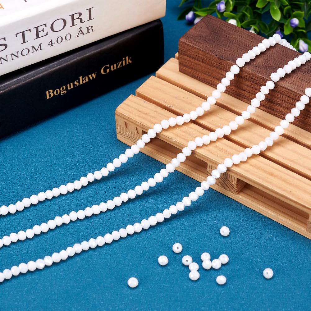 10 Strands Faceted Round White Glass Beads 4mm Rondelle Briolette AB Color Crystal Beads Bulk 1300pcs Tiny Loose Spacer Ball for Bracelets Jewelry Making