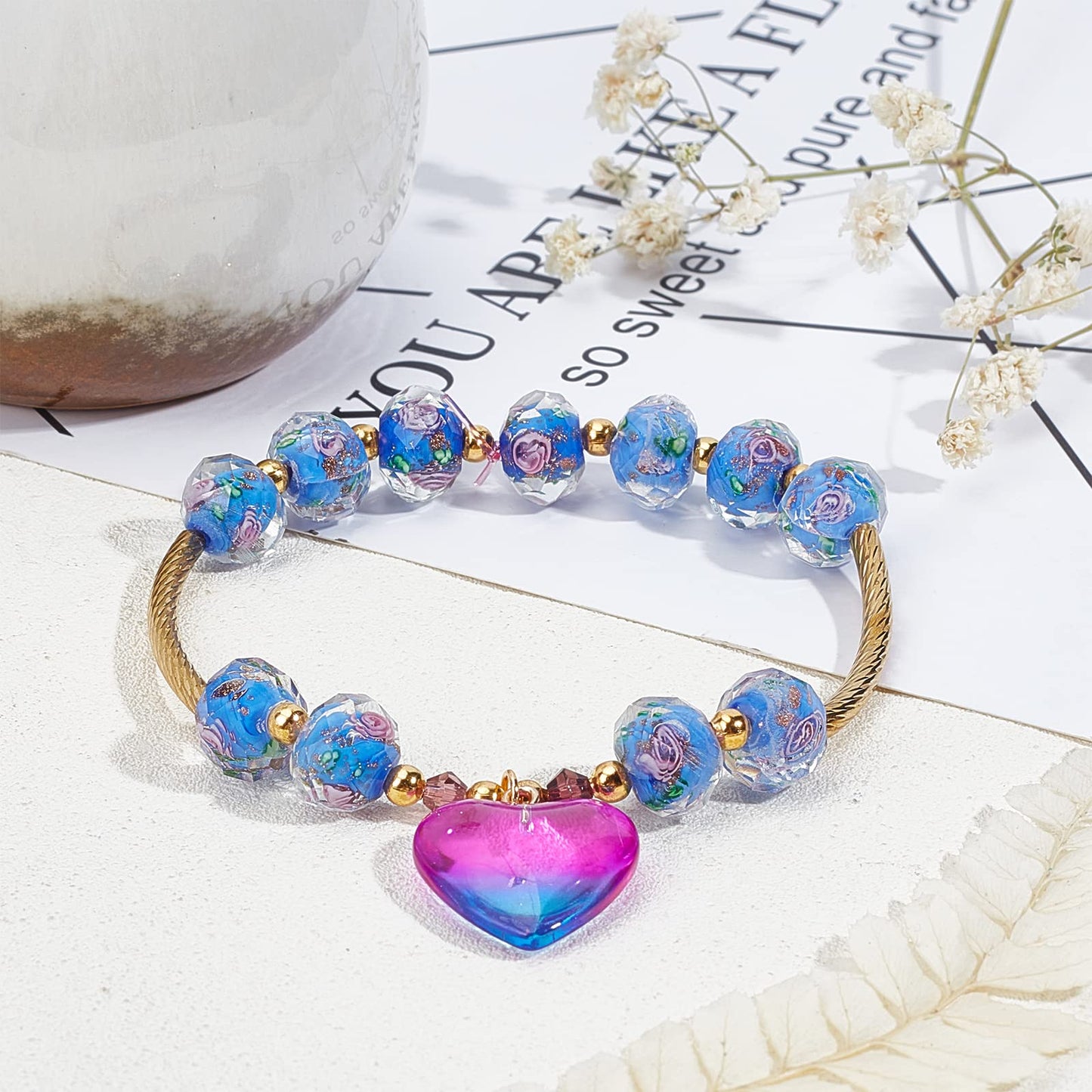 PH PandaHall 45pcs 12mm Gold Sand Lampwork Beads Glass Handmade Round Loose Beads with Hole for Rosary Making Jewelry Craft Making - Cornflower Blue