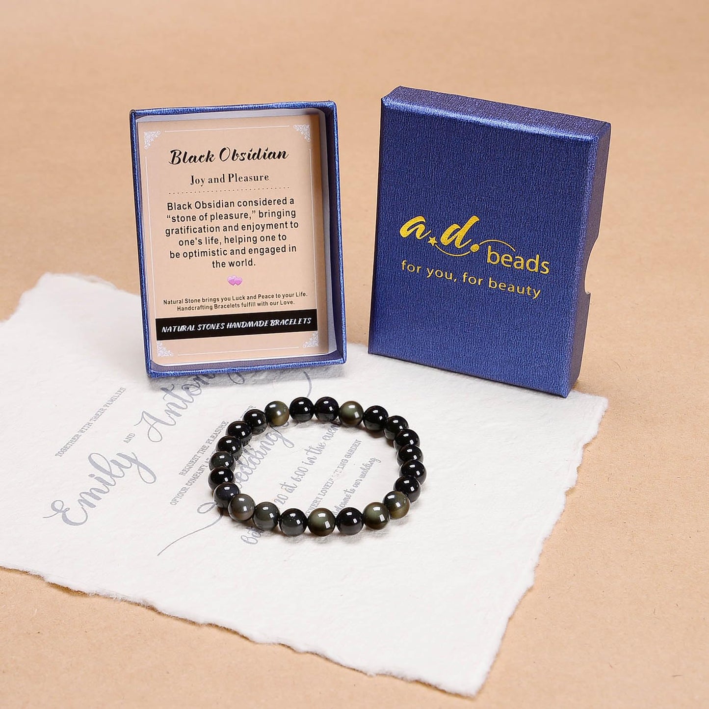 AD Beads Handmade Gemstone Stretch Elastic Bracelet Crystal Healing Reiki Nature's Beauty and Spiritual Essence Unisex (4mm, Black Obsidian (Pleasure))