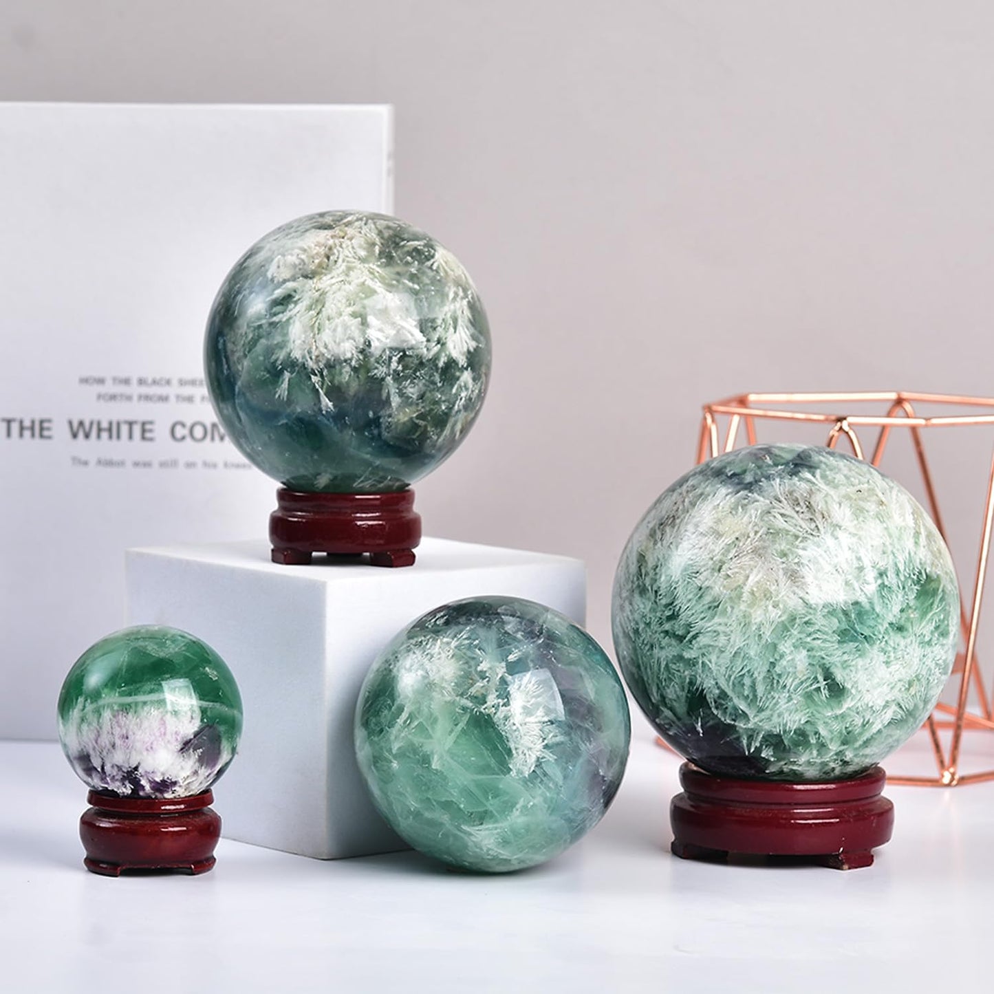 JIC Gem 2.7-3.1 inch(70-80mm) Large Crystal Ball Feather Fluorite Healing Crystals Sphere with Wooden Stand Meditation Home Decor