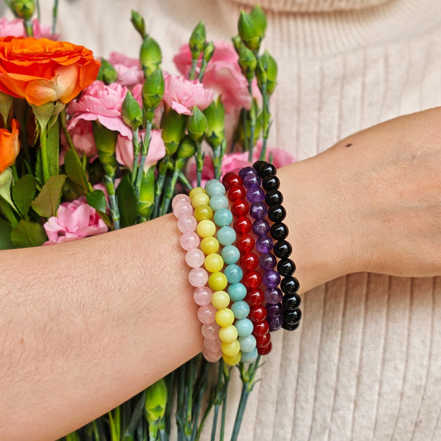 Handmade Natural Gemstone Elastic Bracelet - Healing Crystal Beads Jewelry, Unisex (Bronzite, 8mm)