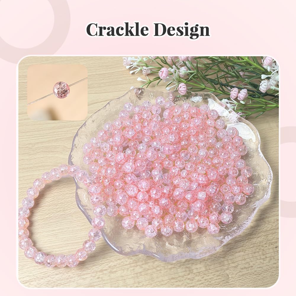 PAMIR TONG 400pcs 8mm Round Glass Beads for Bracelet Pretty Smooth Loose Beads for Necklace-Earring-Jewelry Making and DIY Crafts (Crackle Pink)