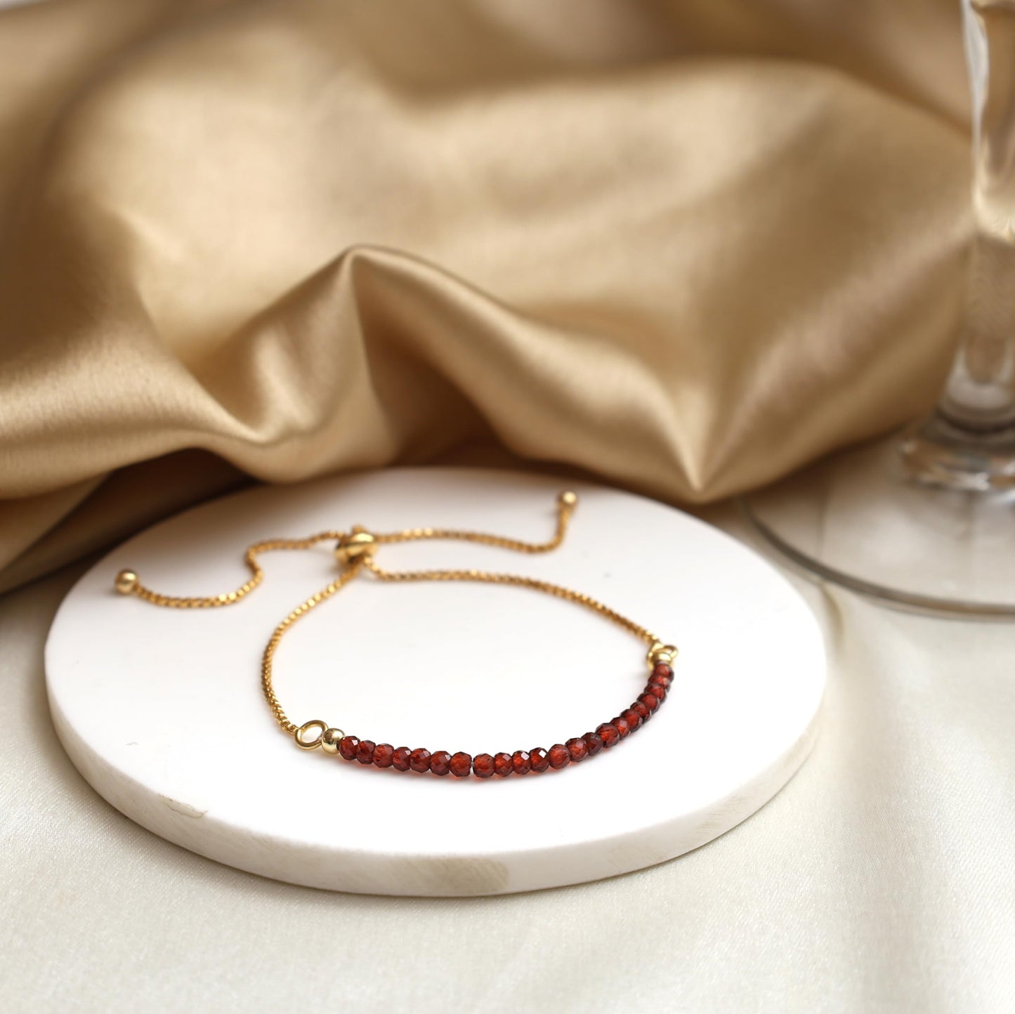 Gempires January Birthstone Jewelry for Women, Birthstone Beaded Bracelets, Red Garnet Gemstone Bracelet, Bolo Bracelet, 14k Gold Plated Chain (6-9 inch Adjustable Length)