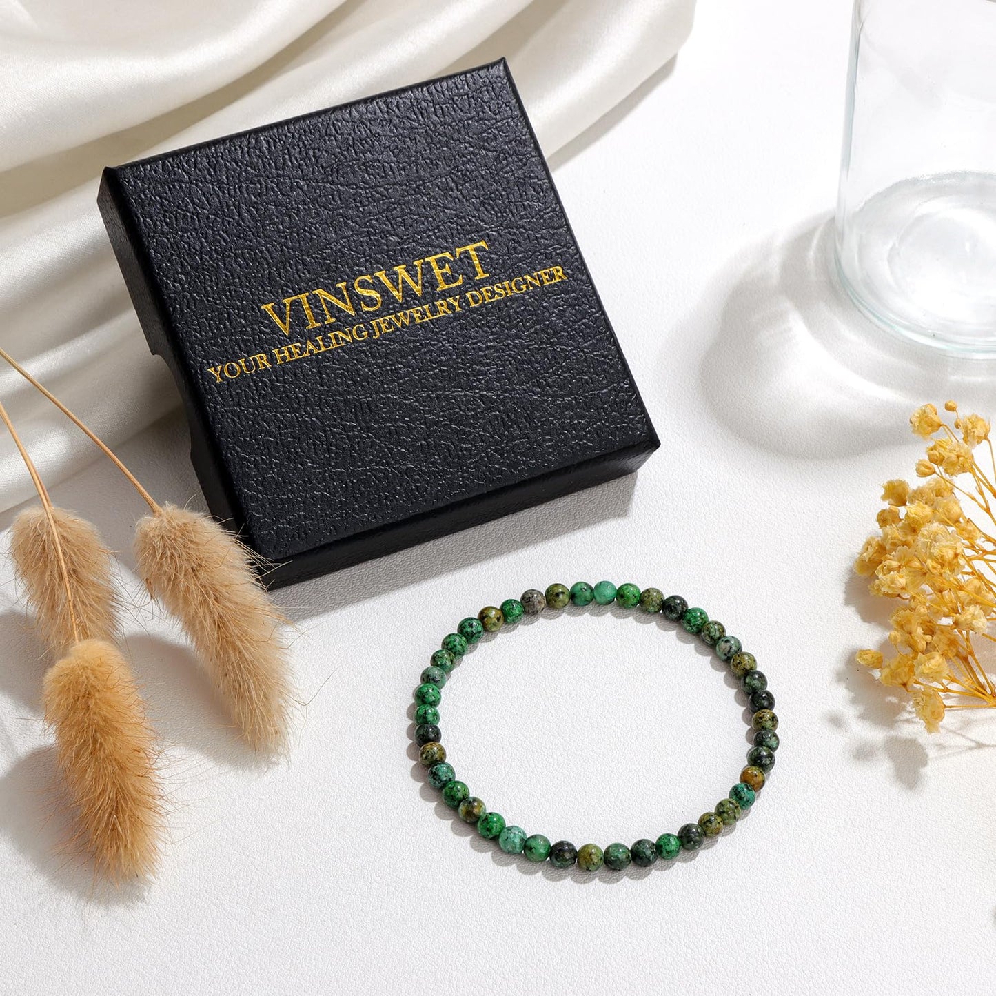 Vinswet Healing Crystal Bracelets for Women Men 4mm African Turquoise Natural Stone Beaded Stretch Bracelet Handmade Gemstone Reiki Spiritual Jewelry Gifts