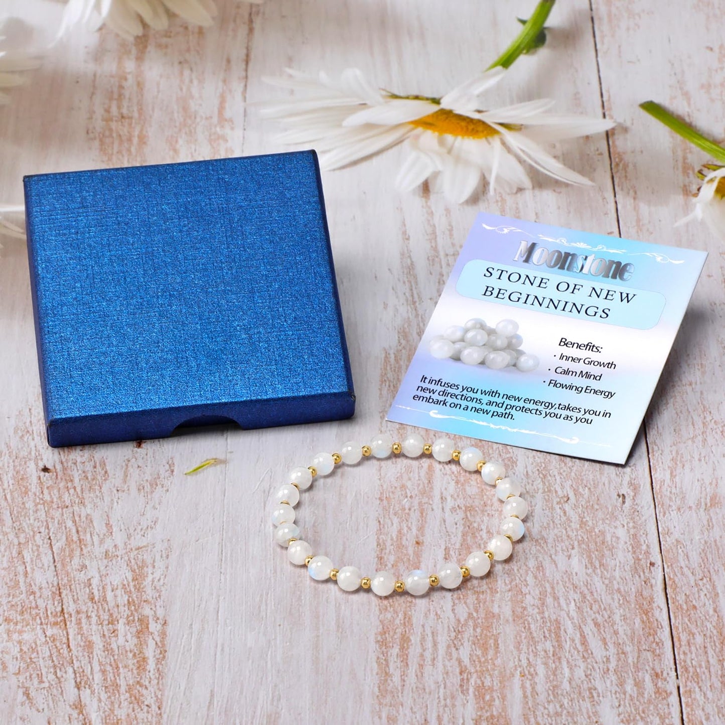 QOGIR Moonstone - New Beginnings - 14K Gold Plated Beads Natural Gemstone Stretch Elastic Dainty Healing Beaded Bracelets Gifts 6mm
