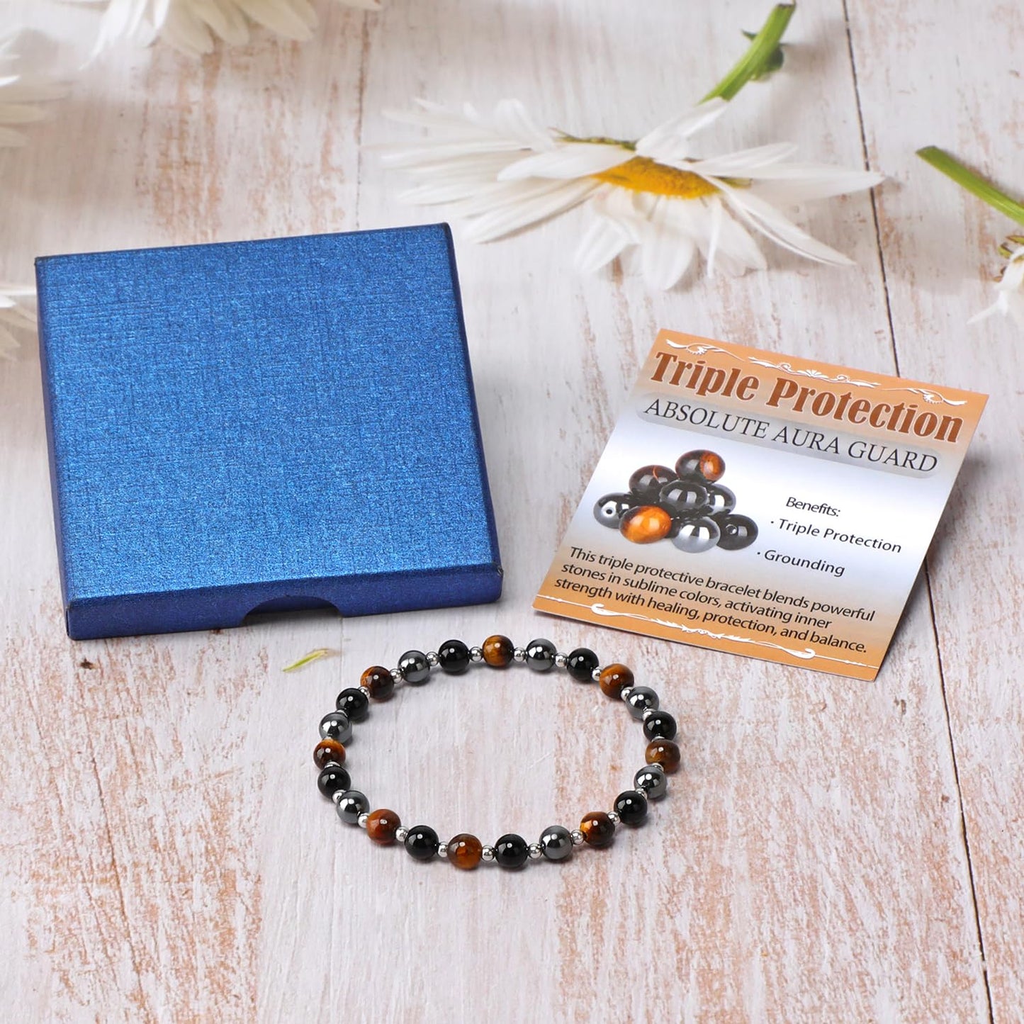 QOGIR Triple Protection - Onyx Hematite Tiger - Stainless Silver Beads Natural Gemstone Stretch Elastic Dainty Healing Beaded Bracelets Gifts 6mm