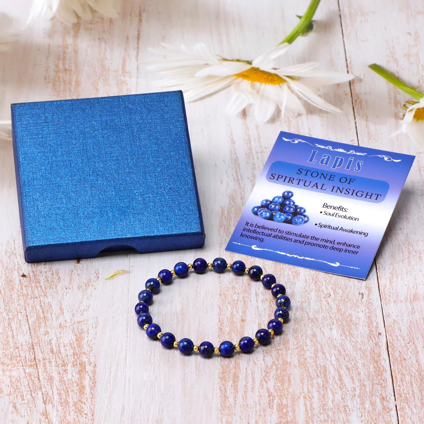 QOGIR Lapis - Stone of Spiritual Insight - 14K Gold Plated Beads Natural Gemstone Stretch Elastic Dainty Healing Beaded Bracelets Gifts 6mm