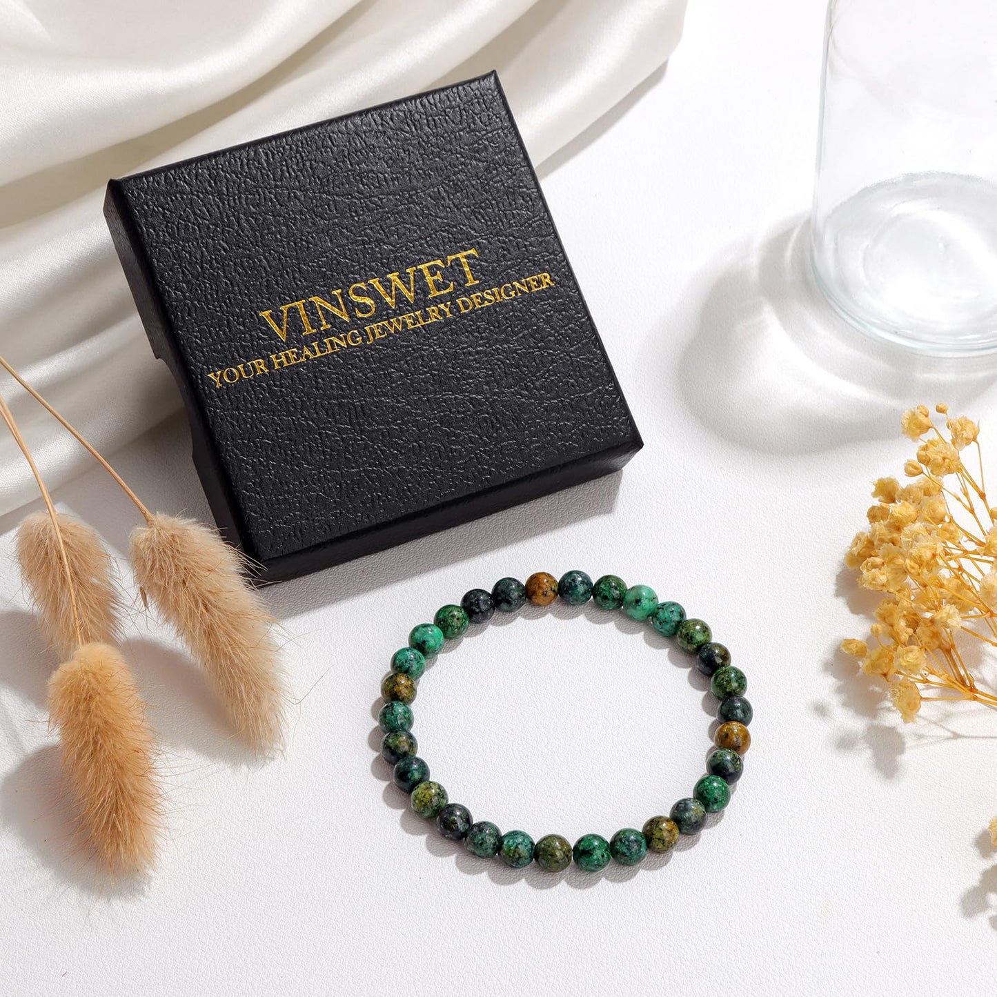 Vinswet Healing Crystal Bracelets for Women Men 6mm African Turquoise Natural Stone Beaded Stretch Bracelet Handmade Gemstone Reiki Spiritual Jewelry Gifts