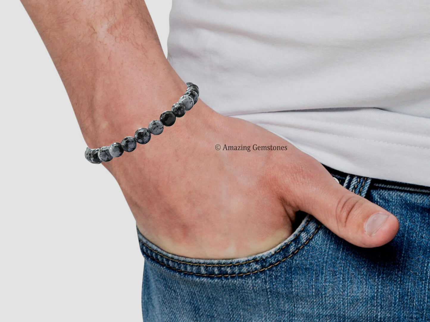 Amazing Gemstone Snowflake Obsidian Bracelet for Women - Chakra Mens Bracelet Protection Crystals and Healing Stones - Blessing Spiritual Meditation (Faceted Beaded Bracelet, Adjustable)