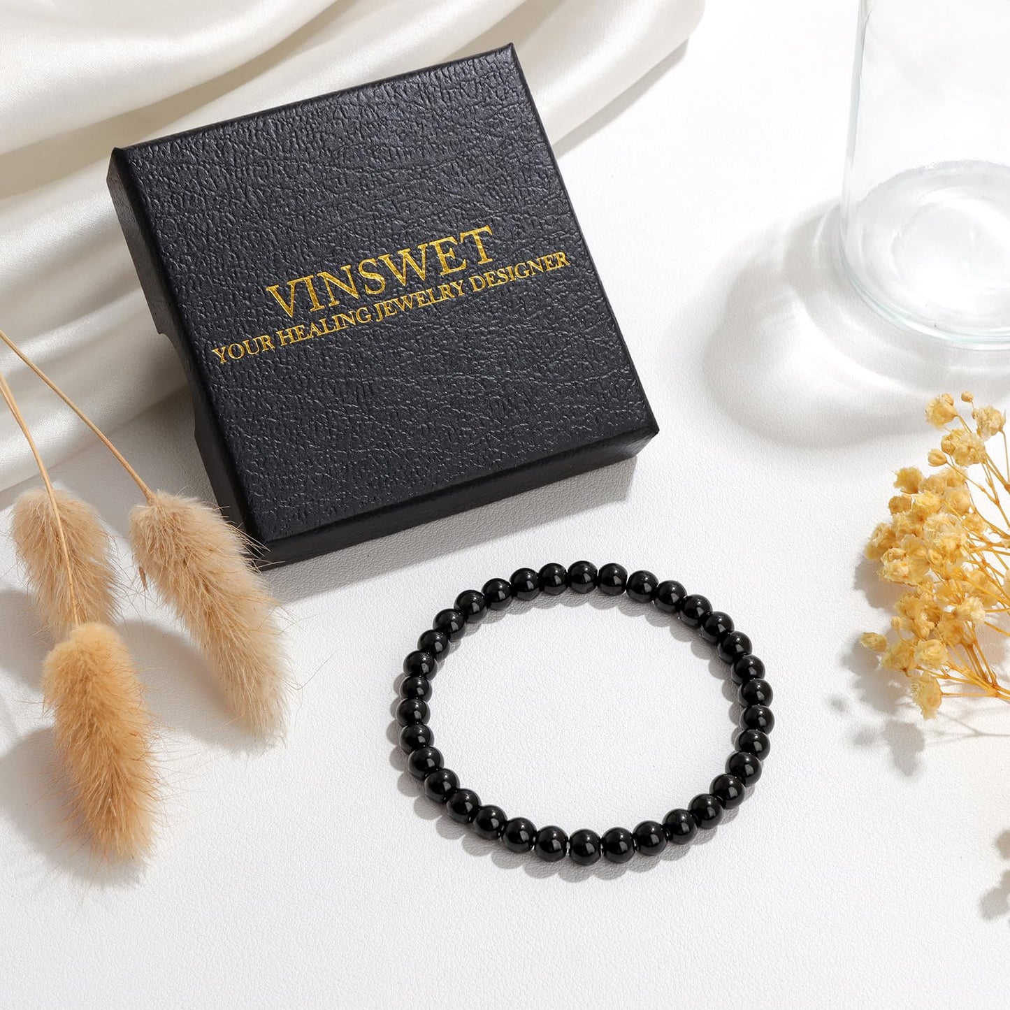Vinswet Healing Crystal Bracelets for Women Men 6mm Black Tourmaline Natural Stone Beaded Stretch Bracelet Handmade Gemstone Reiki Spiritual Jewelry Gifts