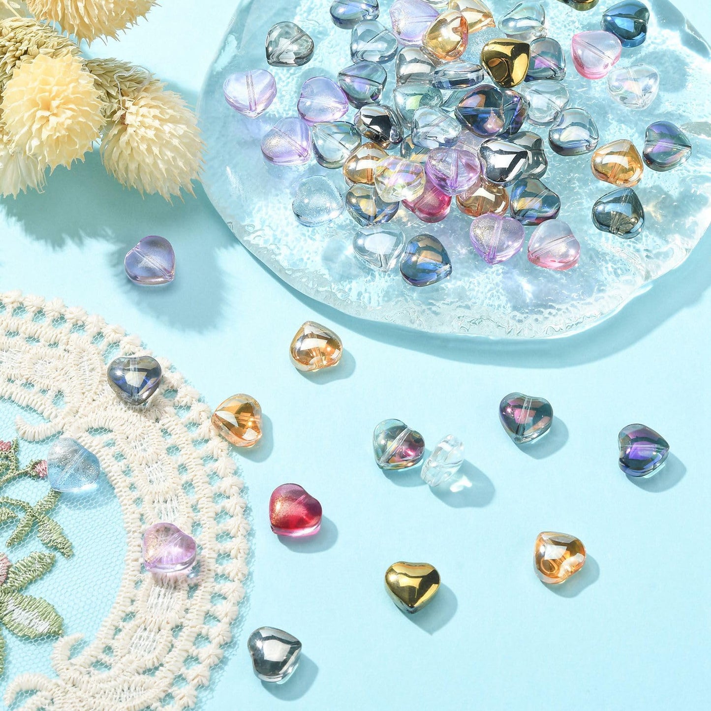 LiQunSweet 100 Pcs Electroplate Clear Crystal Glass Heart Bead with Glitter Gold Powder for Jewelry Making DIY Findings