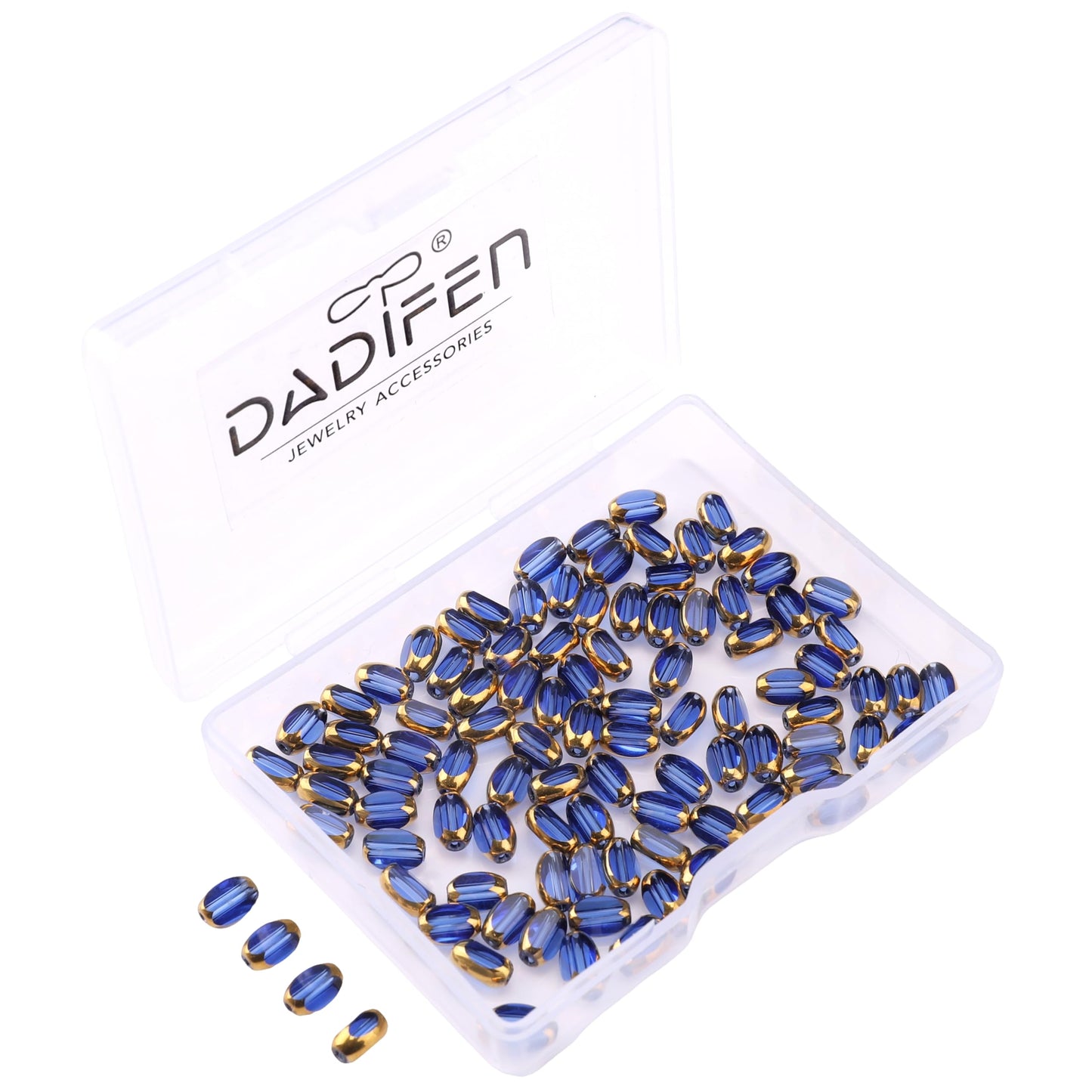 DADIFEN Glass Rice Beads Clear Royal Blue 4x6mm 50pcs Faceted Oval Golden Edge Crystal Loose Beads for DIY Craft Jewelry Making