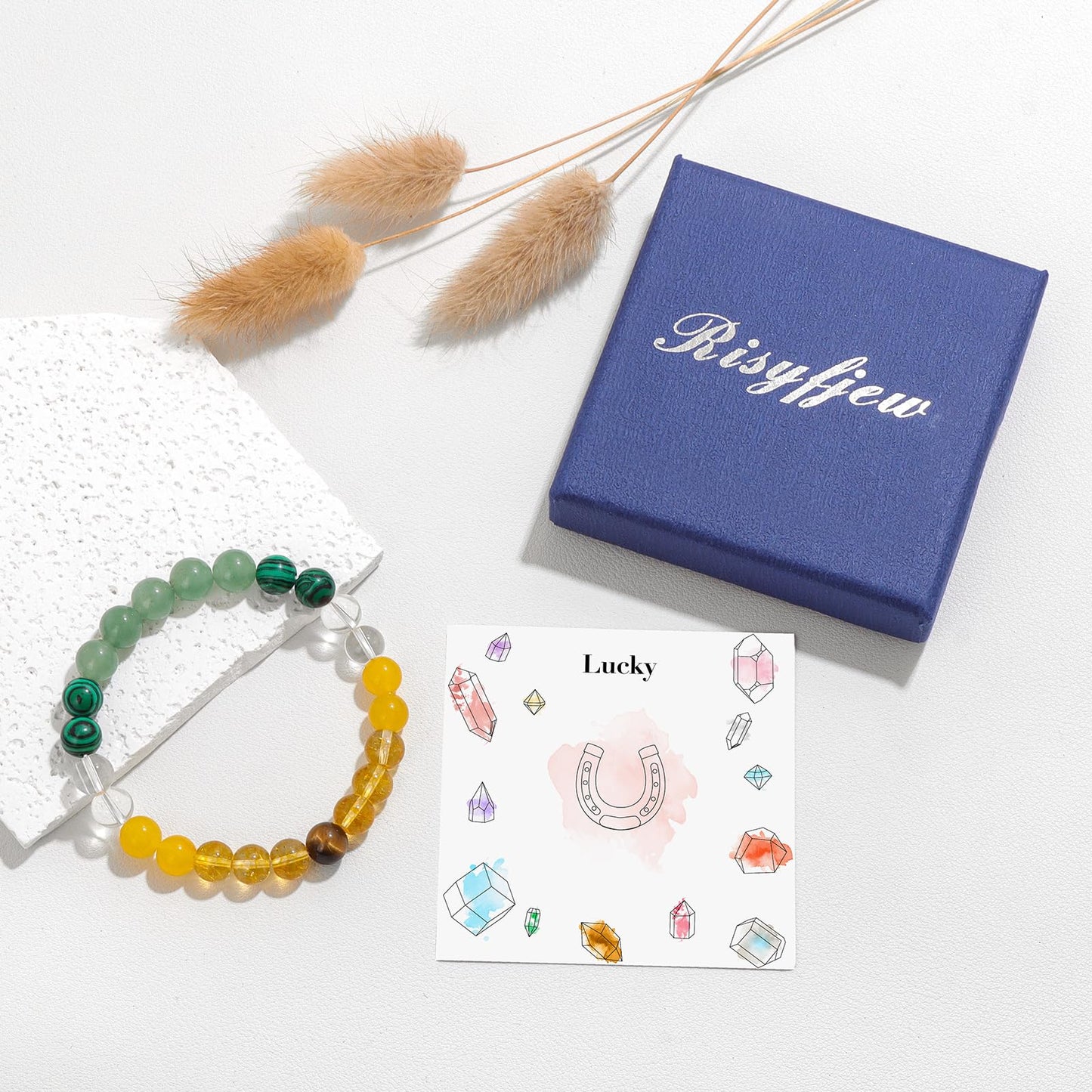 Risyfjew Natural Healing Crystal Bracelet for Women Lucky Bracelets Calming Jewelry Gifts Worry Stone Amethyst Tiger Eye Sodalite
