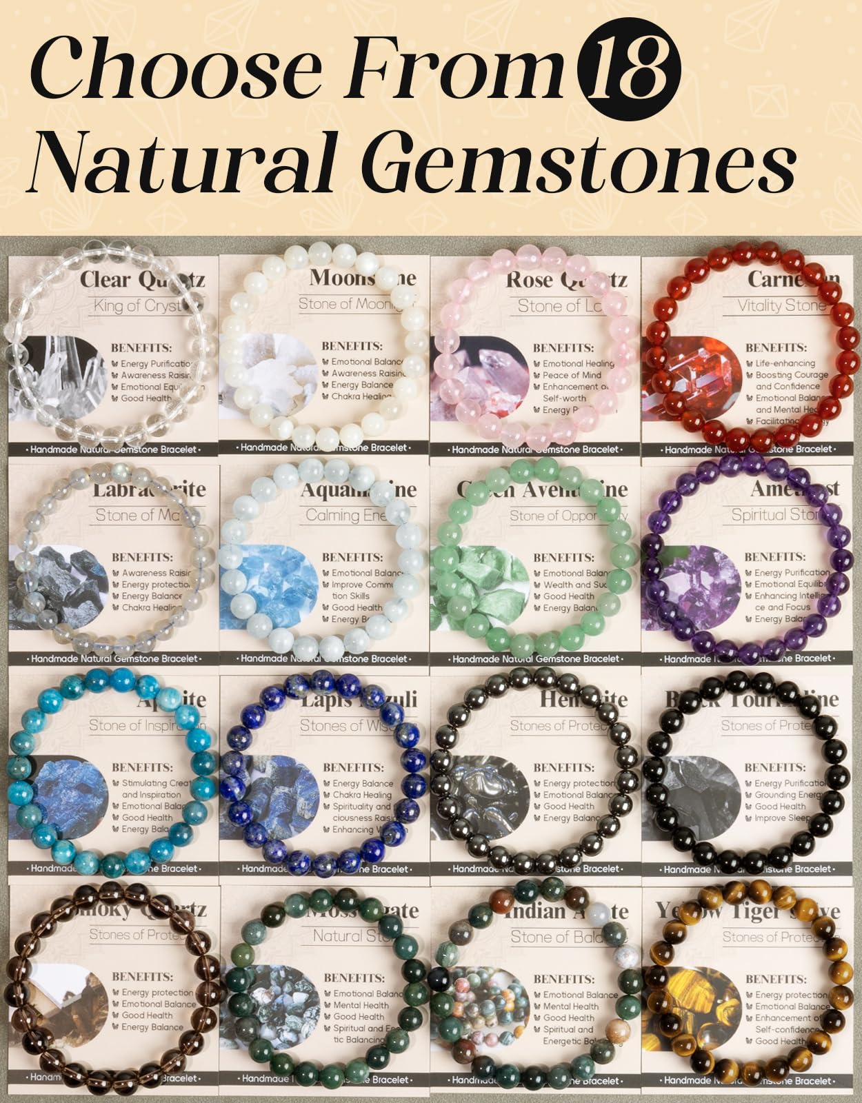 Landorilo Beaded Bracelet for Men Women, 8mm Natural Stone Apatite Healing Crystal Stretch Bracelets, Ideal Christmas Birthday Jewelry Gifts with Energy Card,Replacement Beads Included