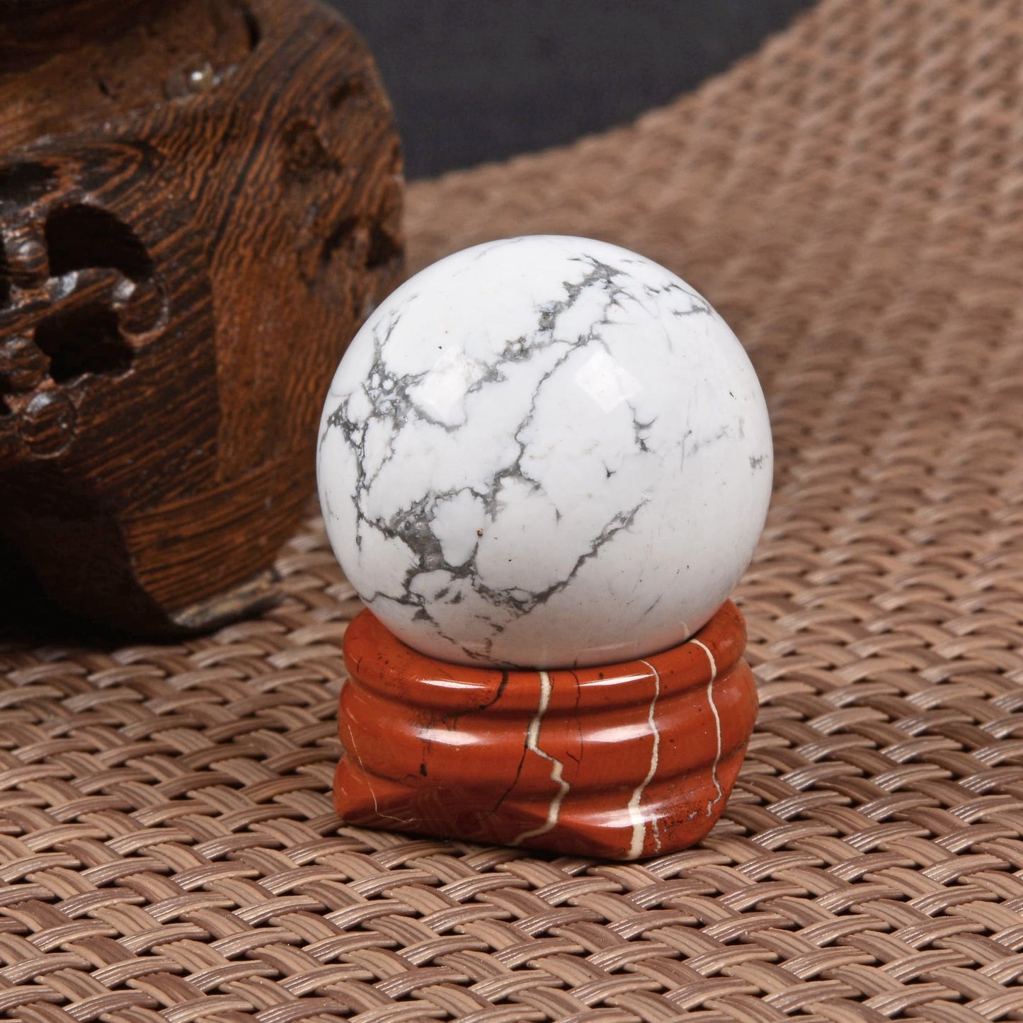 Justinstones Polished White Howlite Sphere with Red Jasper Stand – Handcrafted Gemstone 30mm Ball for Energy Healing, Meditation, and Home Décor