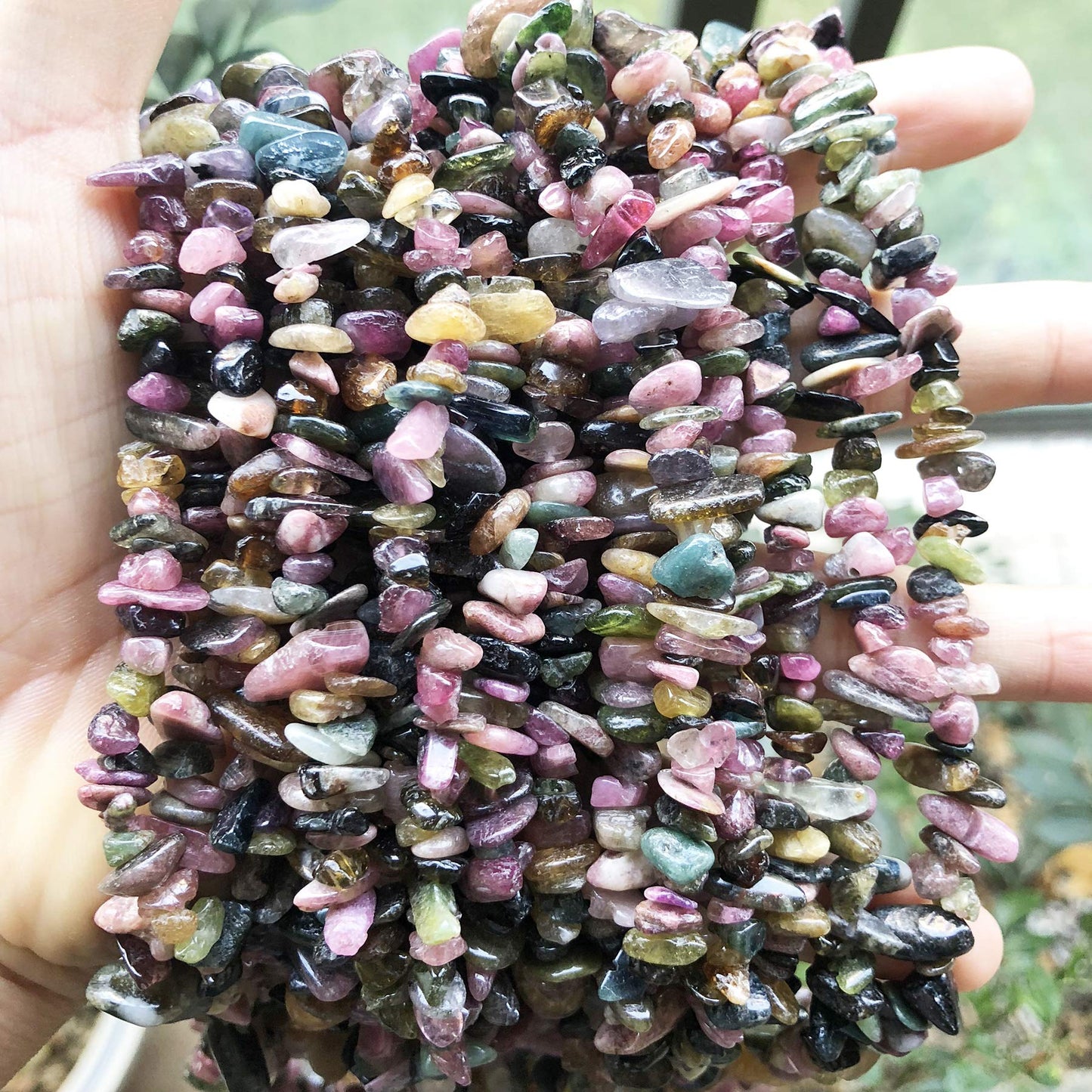 Fekuar 64" Irregular Tumbled Rainbow Tourmaline Chip Beads for Jewelry Making, Healing Crystal Drilled Loose Bead Strand DIY Craft Supplies, 5-8mm