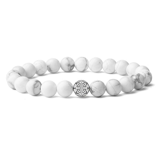 MetJakt Healing Crystals Beaded Bracelets for Womens Natural Gemstone 8mm Beads Stretch Bracelets with 925 Sterling Silver Double Happiness Pendant (Howlite)