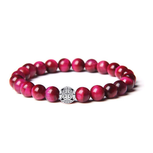 MetJakt Healing Crystals Beaded Bracelets for Womens Natural Gemstone 8mm Beads Stretch Bracelets with 925 Sterling Silver Double Happiness Pendant (Red Tiger Eye)