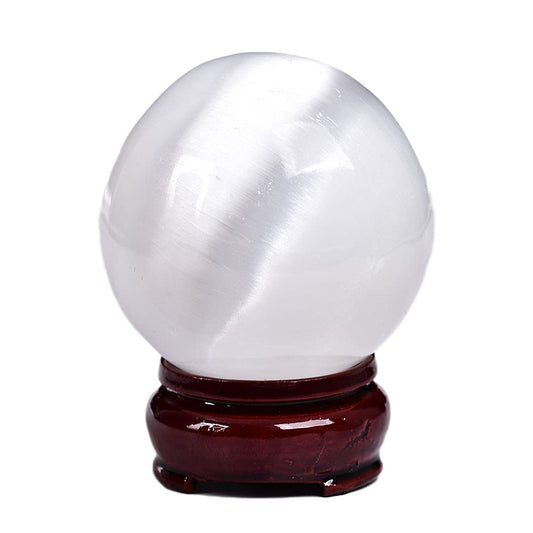 JIC Gem Selenite Crystal Ball with Wooden Stand Healing Crystal Sphere for Meditation, Home Decoration 2-2.3 Inch(50-60mm)