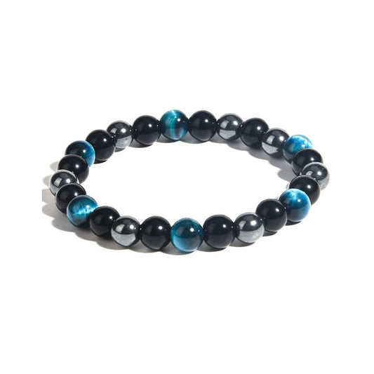 Caiyao 8mm Tiger Eye Stone Black Obsidian Hematite Bracelet Relax Anxiety Beaded Triple Protection Jewelry Bead Stone Chakra Gemstones Bracelets for Women-Sky Blue