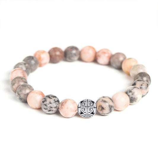 MetJakt Healing Crystals Beaded Bracelets for Womens Natural Gemstone 8mm Beads Stretch Bracelets with 925 Sterling Silver Double Happiness Pendant (Pink Zebra Jasper)