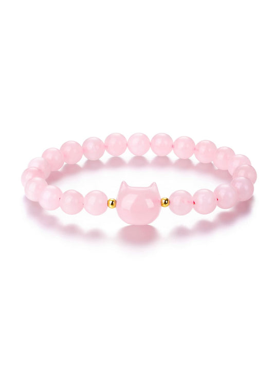 CrystalTears Rose Quartz Crystal Cat Bracelet for Women Men 8mm Healing Crystal Stone Bead Bracelets Protection Gemstones Stretch Bracelet Good Luck Bracelet Jewelry Cat Gifts for Mom Women