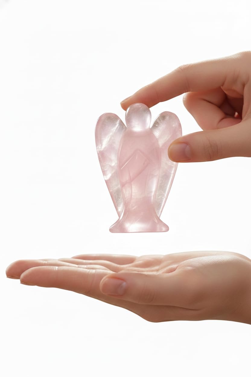Mina Heal Pocket Guardian Angel Figurine, Hand-Carved Rose Quartz Crystal Statue, Palm-Size Angel Keepsake for Meditation, Comfort and Decorative Display (Set of 3)