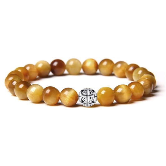 MetJakt Healing Crystals Beaded Bracelets for Womens Natural Gemstone 8mm Beads Stretch Bracelets with 925 Sterling Silver Double Happiness Pendant (Golden Tiger Eye)
