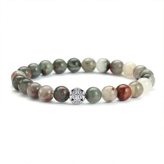 MetJakt Healing Crystals Beaded Bracelets for Womens Natural Gemstone 8mm Beads Stretch Bracelets with 925 Sterling Silver Double Happiness Pendant (African blood stone)