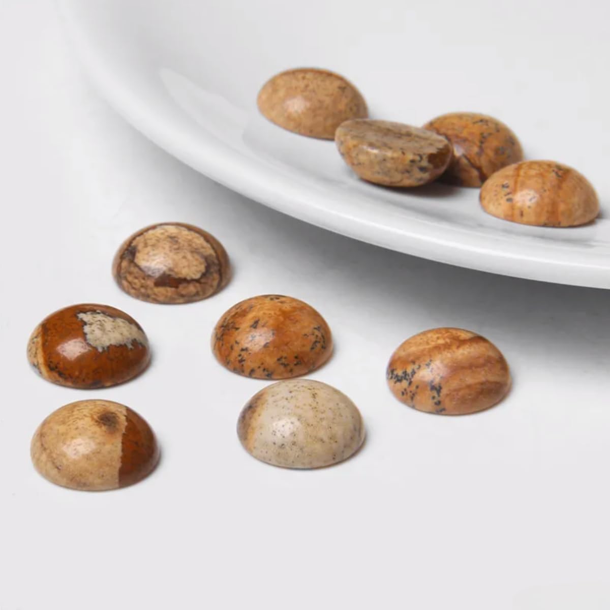 20pcs 4mm Natural Stone No Hole Brown Picture Semicircle Smooth Cabochons Beads Healing Chakra Crystal Stone Bead for Jewelry Making Rings Earrings Necklace Bracelet DIY Crafts