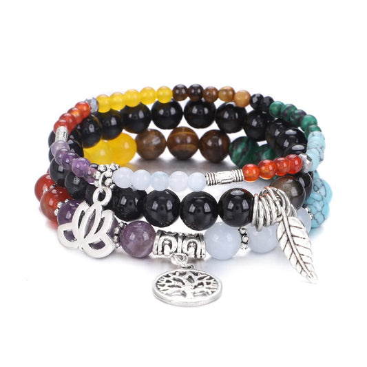 UEUC Natural Gemstone Chakra Bracelets for Women, Multilayer Tree of Life Lotus Crystal Healing Stone Bracelet Sets, Yoga Meditation Reiki Relax Bracelets for Stress Relief(#81)