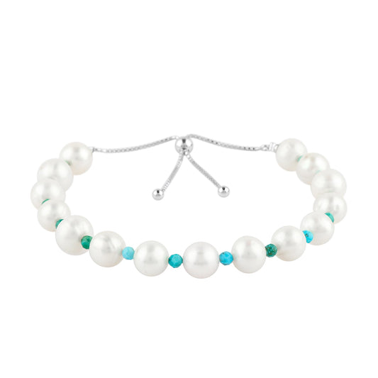 CRYSTALIS Natural Turquoise And Freshwater Pearl Beaded Bracelet, Elegant Beads Crystal, Chakra Bracelet, Healing Bracelet, Gemstone Jewelry, Friendship Bracelet, 925 Sterling Silver Slider 10 inch