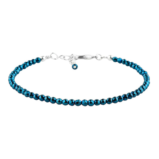 CRYSTALINES Genuine Blue Hametite Gemstone Bracelet, Faceted Beads Stones, Hypoallergenic Handmade Boho Jewelry for Women, Healing Crystals, Adjustable Silver Chain 7+1inch, Birthday Gift