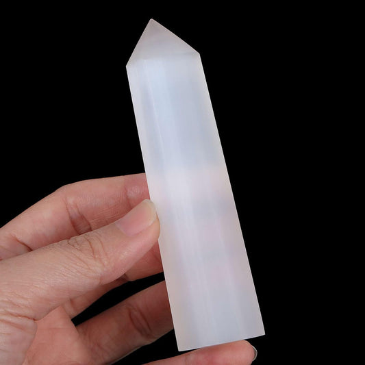 LAIDANLA Selenite Healing Crystals Wands 3.5-4" Natural Reiki Energy Wand Stone Hexagonal Point Obelisk Large Crystal Gemstones for Meditation Therapy Crystal Grid Gifts Decoration 1Pcs