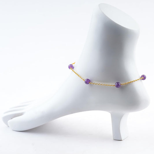 Jewel of Rocks Amethyst Beaded Anklet Bracelet, Handmade Craft, Beads, Chakra Healing, Gemstone Women Jewelry, Hypoallergenic Gold Plated Brass 9 inch + 1.5 inch (1pcs)