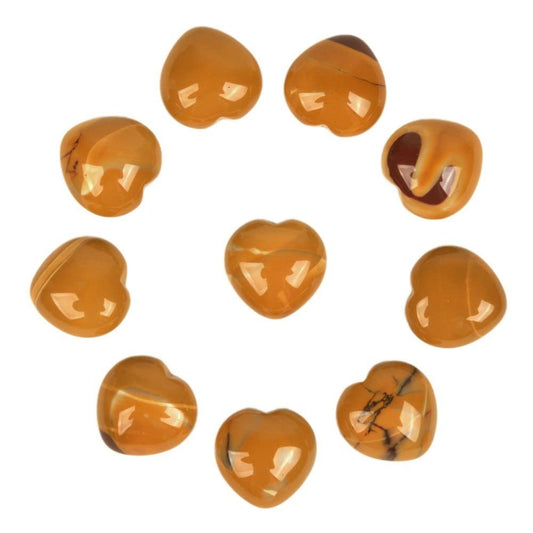 Natural Yellow Mookaite Jasper Gemstone Healing Crystal 0.8" Mini Puffy Heart Pocket Stone Iron Gift Box (Pack of 10)