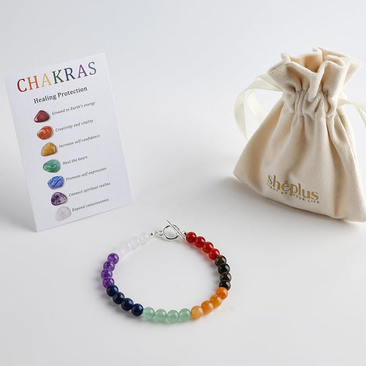 Sheplus Relaxation Gifts for Women - 7 Chakra Gemstone Bracelet for Women Men, Natural Crystal Beads with 925 Sterling Silver Toggle Clasp,Yoga Meditation Energy Jewelry