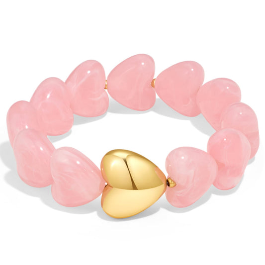 FAUTHENTICUTE Swirled Pink Heart Bracelet for Women Chunky Acrylic Resin Heart-shaped Bead Bracelet Trendy Boho Statement Summer Beach Jewelry Gift For Her