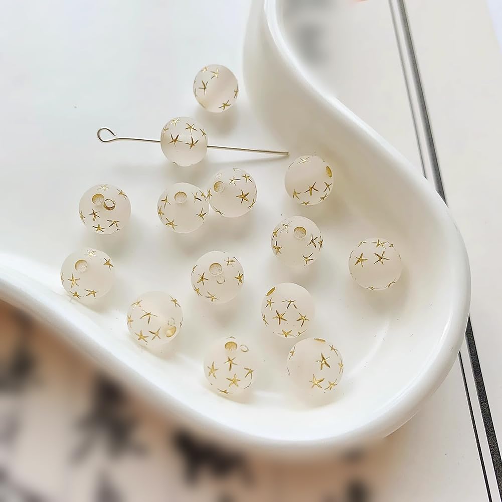 UUYYEO 200 Pcs 10mm Golden Star Round Beads Frosted Acrylic Beads Shiny Crystal Beads Chunky Beads Matte Craft Beads Plastic Jewelry Making Beads for Necklace Bracelet