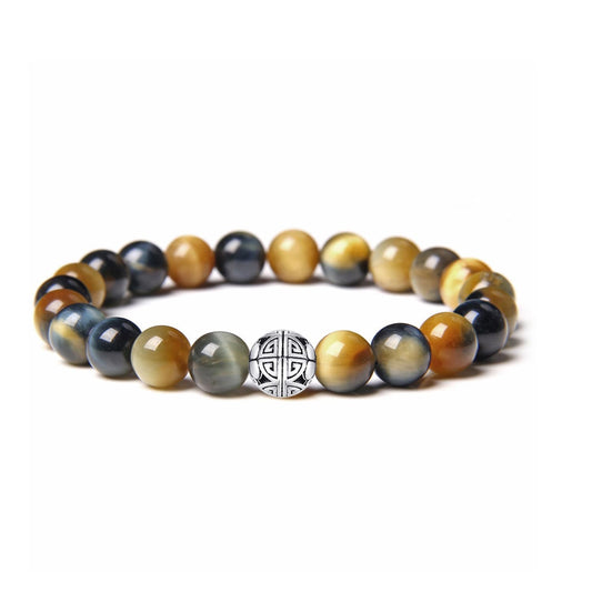 MetJakt Healing Crystals Beaded Bracelets for Womens Natural Gemstone 8mm Beads Stretch Bracelets with 925 Sterling Silver Double Happiness Pendant (Fantastic Tiger Eye Stone)
