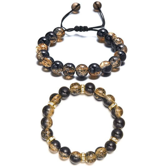 LANG XUAN Beaded Stretch Bracelets for Women Men Healing Crystal Stone Bracelet Bead Adjustable Unisex Gemstones Bracelets 10MM Weave Jewelry Gifts (2pcs Black brown)