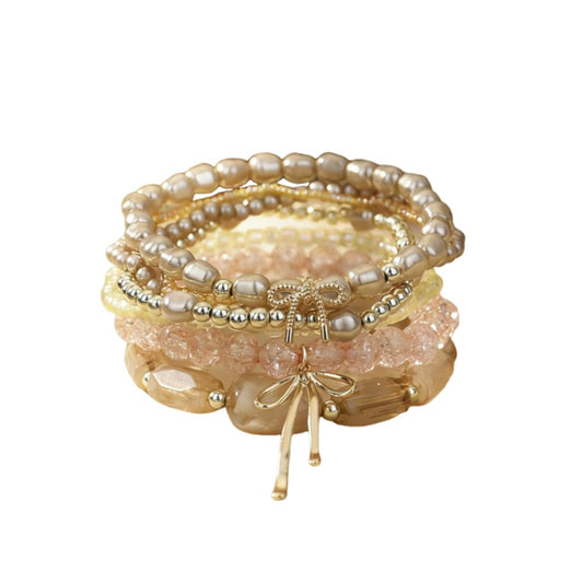 ChungLong0593 Cute Bow Charm Stackable Beaded Bracelet Set - Layer Pearl & Crystal Stretch Bracelets for Women, Sweet Multi-strand Boho Bracelet Jewelry (Gold)