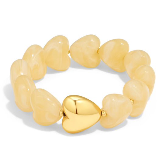 FAUTHENTICUTE Chunky White Beaded Bracelet for Women Heart-shaped Acrylic Resin Bead Bracelet With A Puffy Gold Heart Cute Boho Stretch Bracelets For Summer/Holiday/Vacation