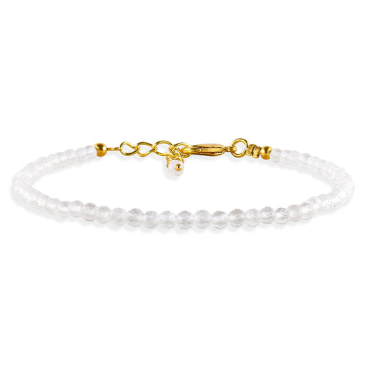 Natural White Moonstone Gemstone Micro Beads Dainty Beaded Bracelet Jewelry for Women, June Birthstone, Chakra Energy Crystals, 14k Gold Plated Chain 8 inch Adjustable, Gifts For Her